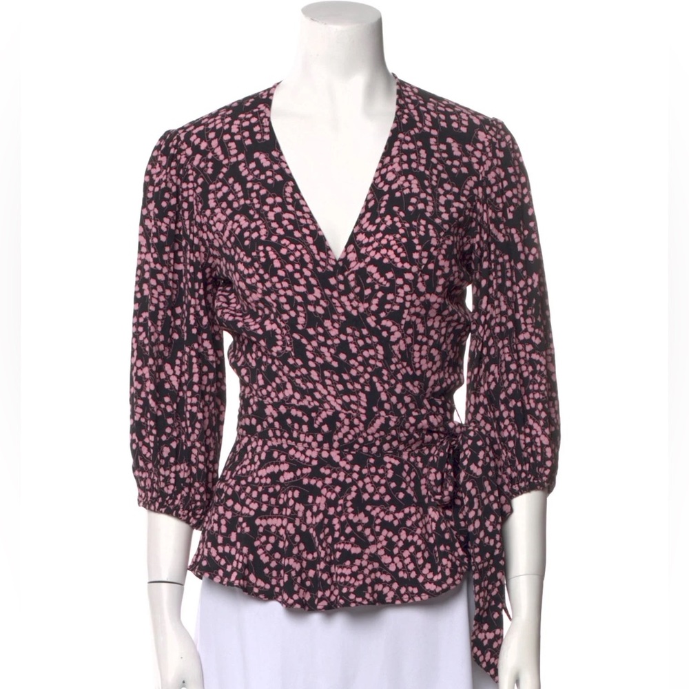 Ganni Black and Pink Wrap Blouse 3/4 Sleeve